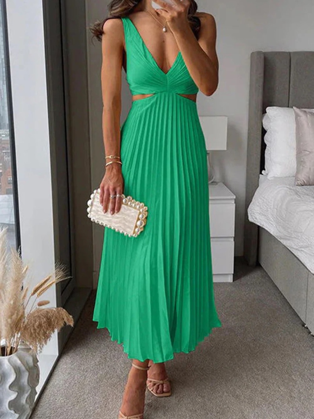Emerald Green Pleated Midi Dress with V-Neck and Side Cutouts